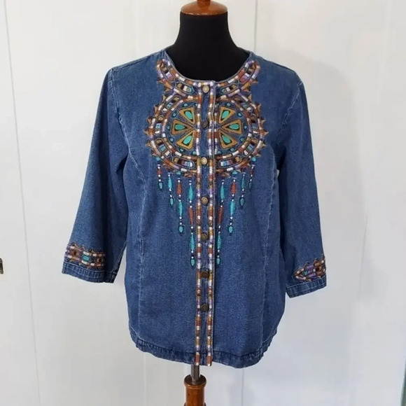 Vintage 80's Bob‎ Mackie Wearable Art  Denim Southwestern Embroidered Shacket - Picture 1 of 16